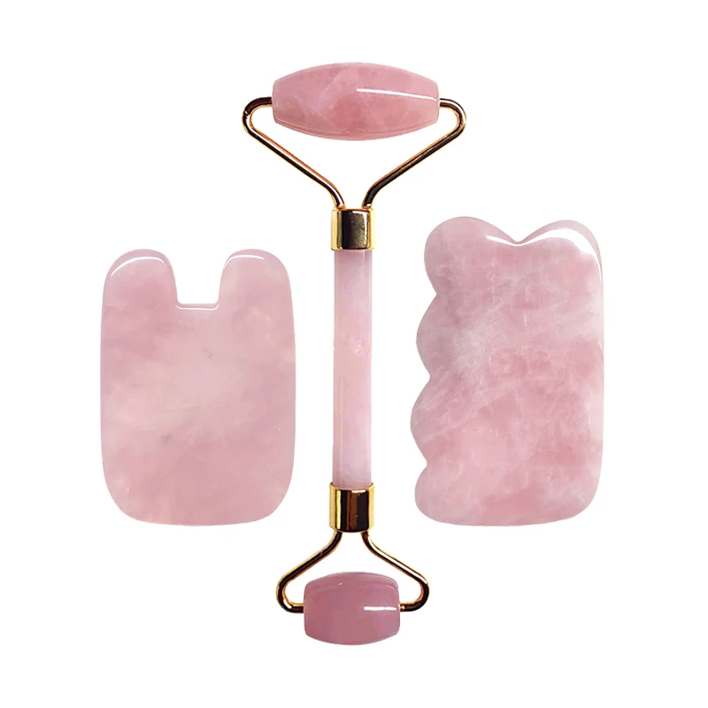 3PCS/Set Natural Rose Quartz Gua Sha Roller Slimming Face Massager Lifting Tool Facial Massage Jade Roller Gua Sha Kit Stone