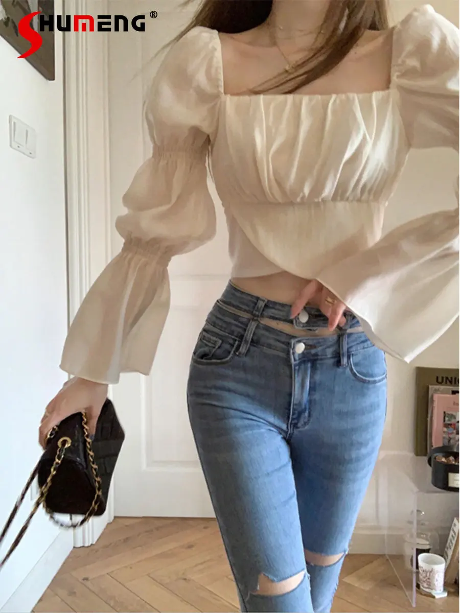 New Ladies Fashion Unique Chic Slim Waist High-Grade Blouses Top Women Early Spring French Style Gentle Sweet White Lace Shirt