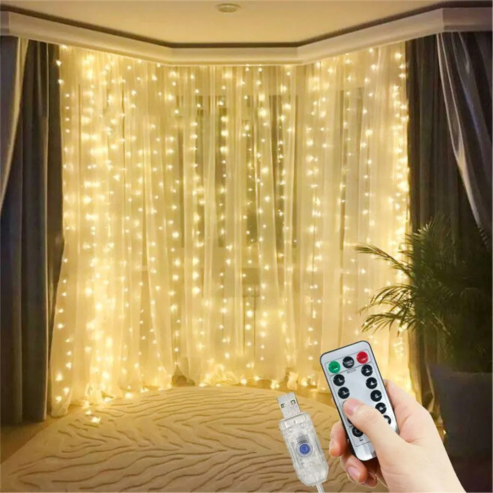 Xmas Tree Decor 8 Mode Garden Light LED USB Curtain Light String Wedding Christmas Holiday Decoration Outdoor Garland Light