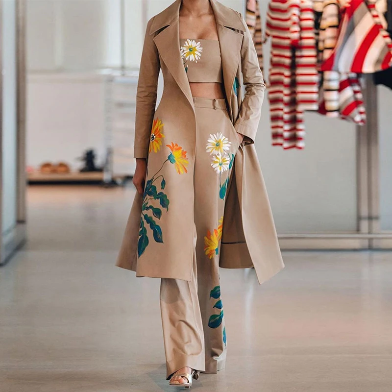 OMSJ Elegant Office Lady Street Style Three Piece Clothes 2023 Autumn Winter Plant Floral Print Tube Top+Blazer Coat+Flare Pants