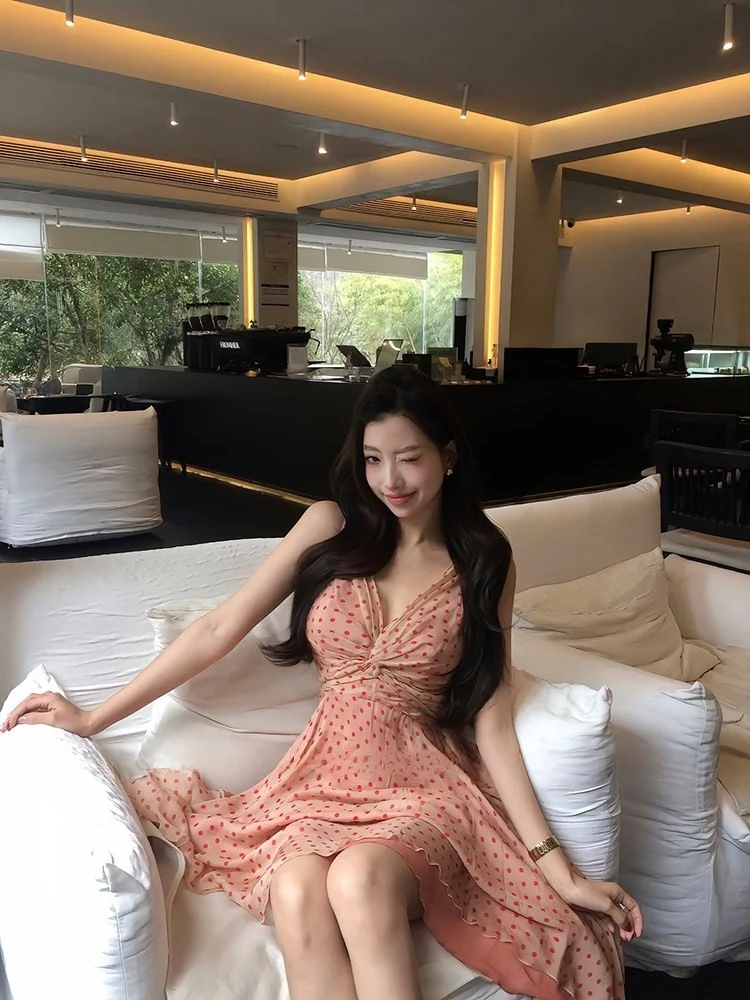 

Elegant V-neck Strap Dress STAZF7 by Youmeizi Polka Dot Waist-cinching Spring Summer Women's Fashion City Commute Date