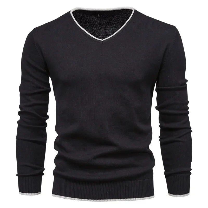 

V-neck Men's Sweater Fashion Casual Slim Fit Tops 2021 Winter New Cotton Pullover Men Knitwear Cotton Tops Solid Color Sweaters