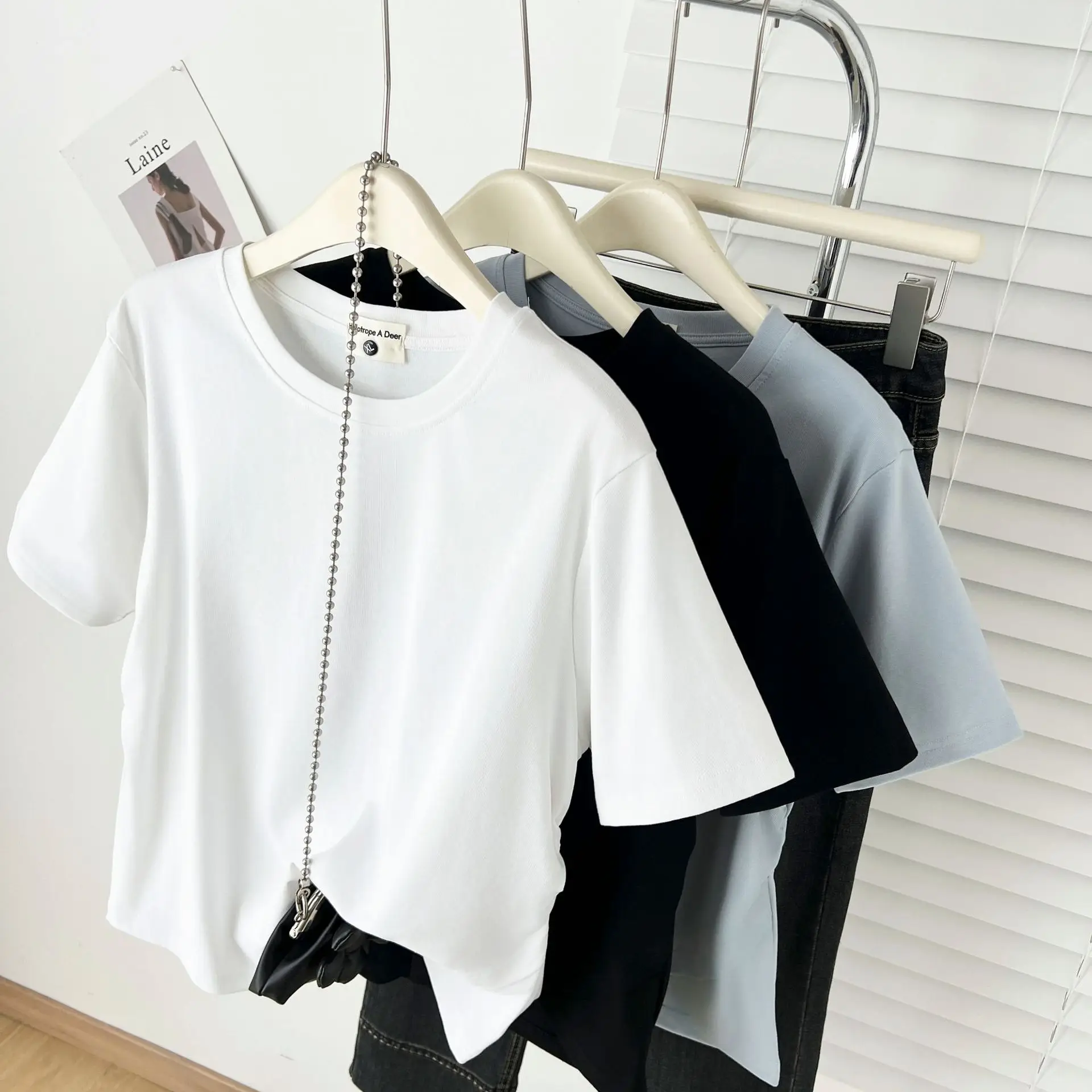 

Plus Size Women's Top Summer New Casual Fold Waist Irregular Short Sleeve Tees 100kg With Solid Color T-shirt 8166