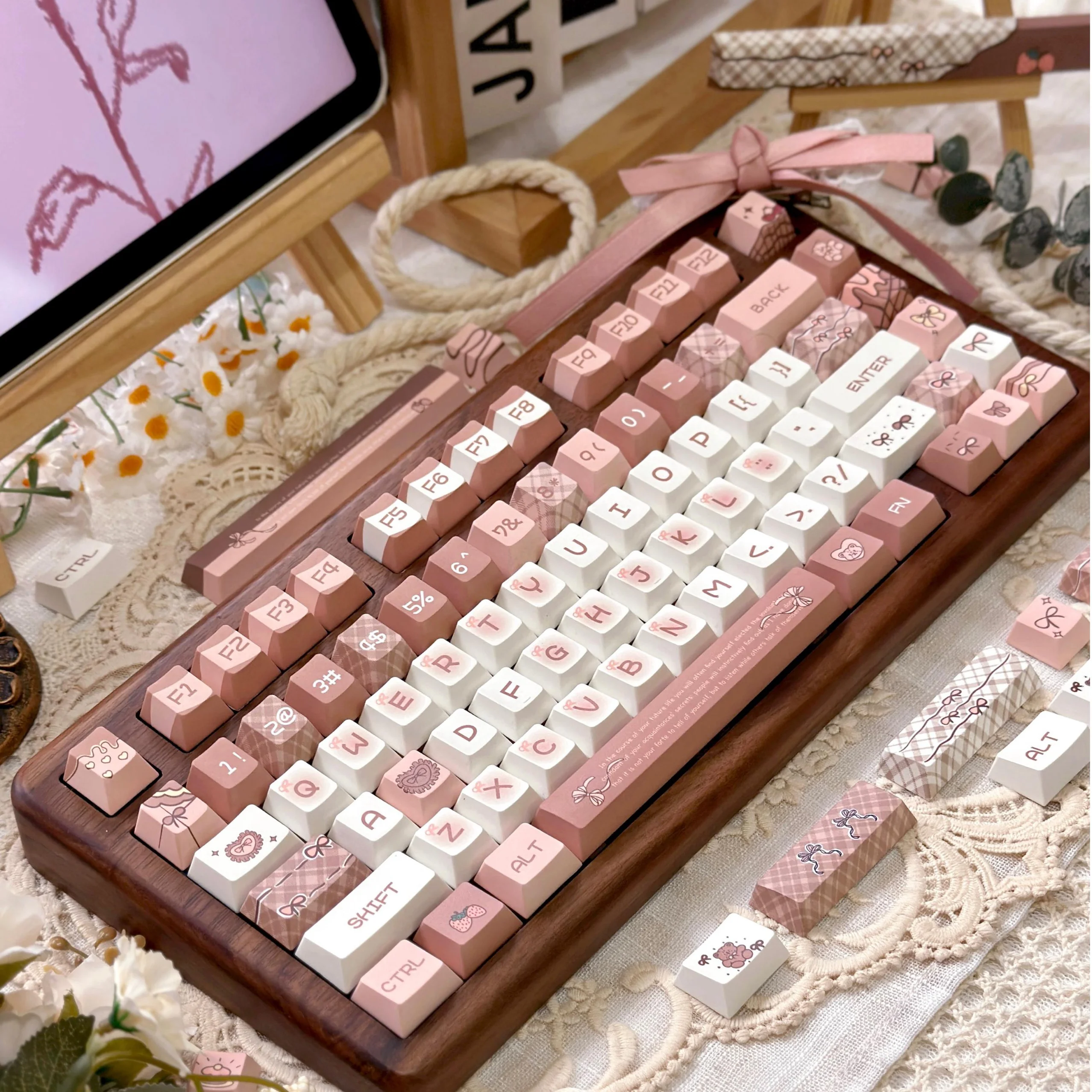 Strawberry Cocoa Keycaps Cute Pbt Cherry Xoa Pink But Khaki 2.25/2.75U Space Bar Alice Layout 136Keys Keycaps