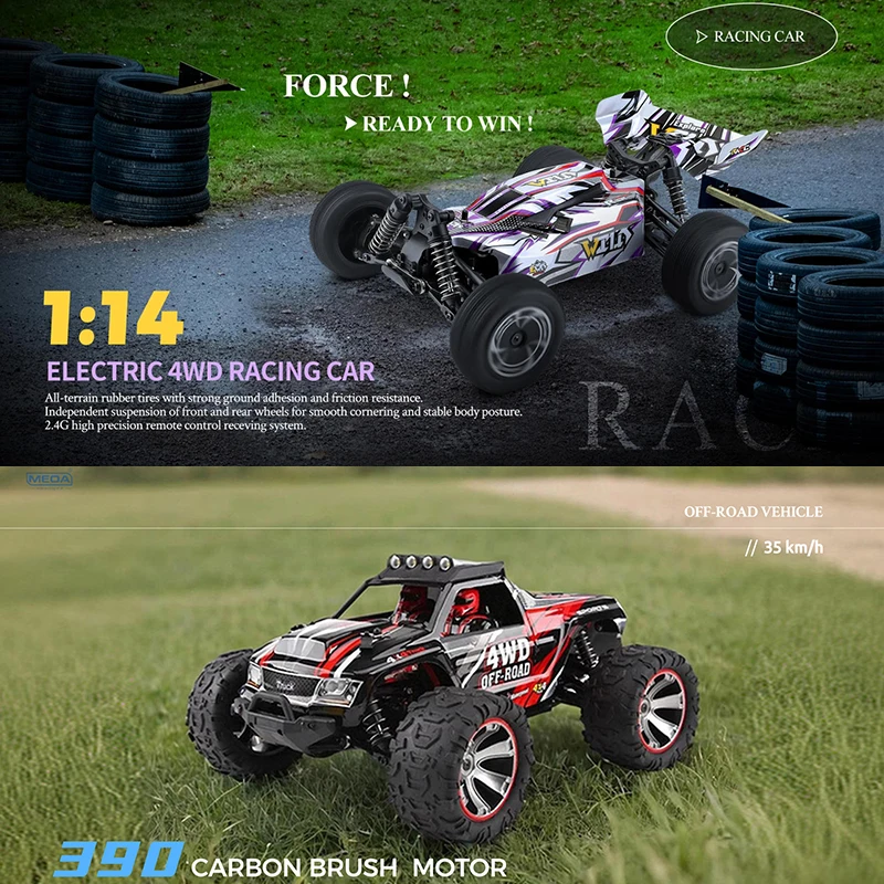 

Wltoys 144018A Double Style Car Shell Tire 35Km/H High Speed Racing RC Off-Road Drift Car Toys 1/14 2.4GHz 390 Brushed Motor 4WD