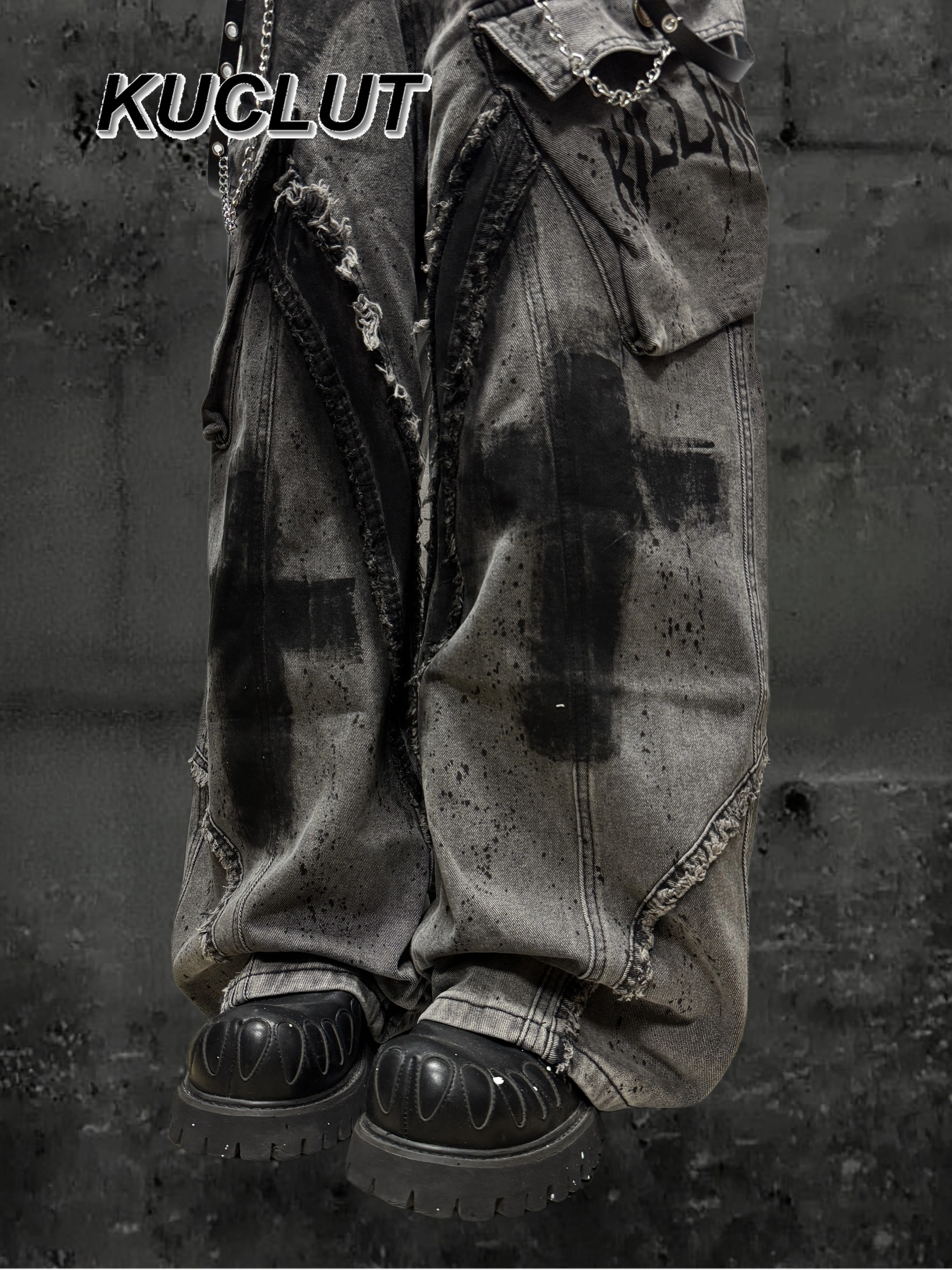 السيدات بناطيل كاجوال شارع العليا نمط القفار المتوترة فضفاض الدينيم الجينز للنساء Y2K رسمت باليد الكتابة على الجدران واسعة الساق السراويل #3