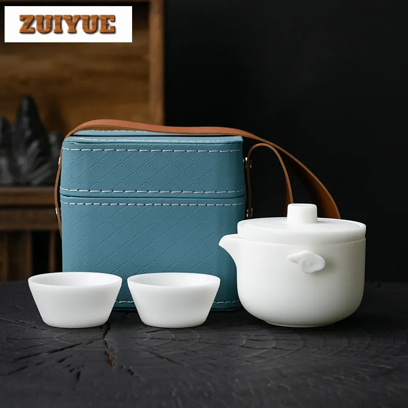 

Boutique Iced Sheep Fat Jade Porcelain Tea Set Kit 1 Pot 2 Cups Tea Set Designer Tea Brewing Portable Travel Bags Tea Ceremony