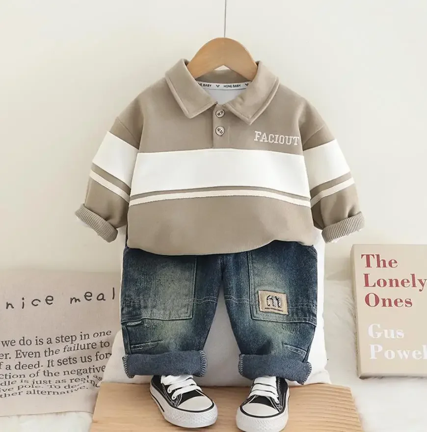 

Korean Style Tracksuits for Kids Baby Clothes Sets Patchwork Printed Casual Long Sleeve T-shirts And Jeans Boys Toddler Outfits