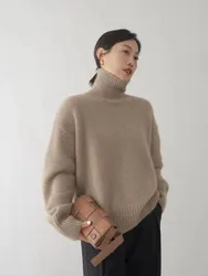 Autumn/Winter Women Turtleneck Pullover 100% Wool Cashmere Sweaters Knitted Soft Warm Jumper Thickened Loose Solid Color Clothes