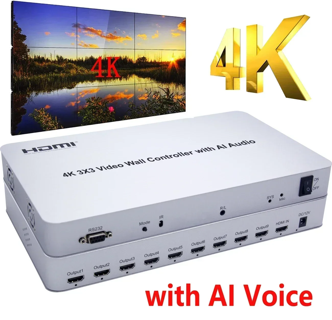 4K 3x3 HDMI Video Wall Controller 1 in 9 Out Multi Monitor Splicing Processor TV Splicer Support AI Audio Voice 1x3 1x4 2x2 2x4