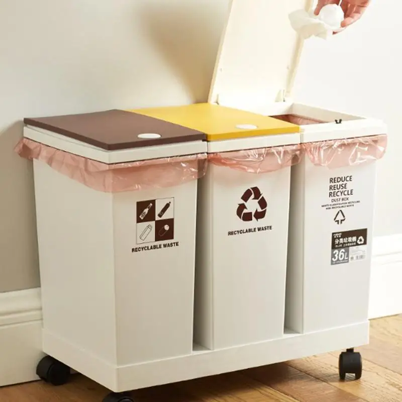 Kitchen Garbage Bin 3 Compartment Press-Type Waste Bin Removable Thickened Sealed Trash Can With Wheels for Kitchen Bathroom