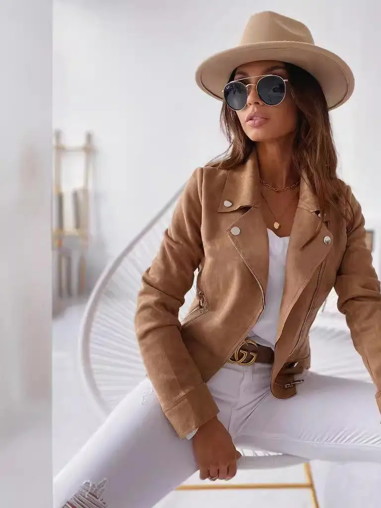 2024 feminino fino ajuste zíper pele de veado veludo ort casaco estação independente gola cor pura primavera temporada longa sve