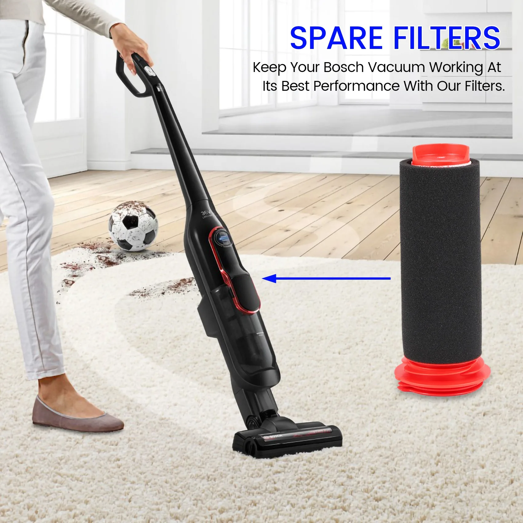 فلتر عصا رئيسي قابل للغسل + حشوة إسفنجية للمكنسة الكهربائية اللاسلكية Bosch Athlet (2 من كل) BAAN