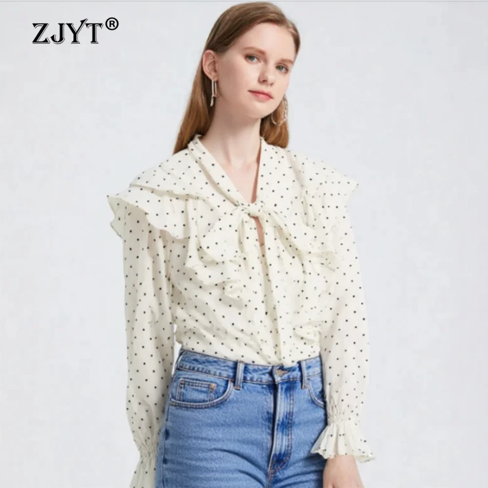 

Женская блузка ZJYT с принтом в горошек, белая, с длинным рукавом, с бантом на воротнике, шикарная, повседневная, с рюшами, весенняя