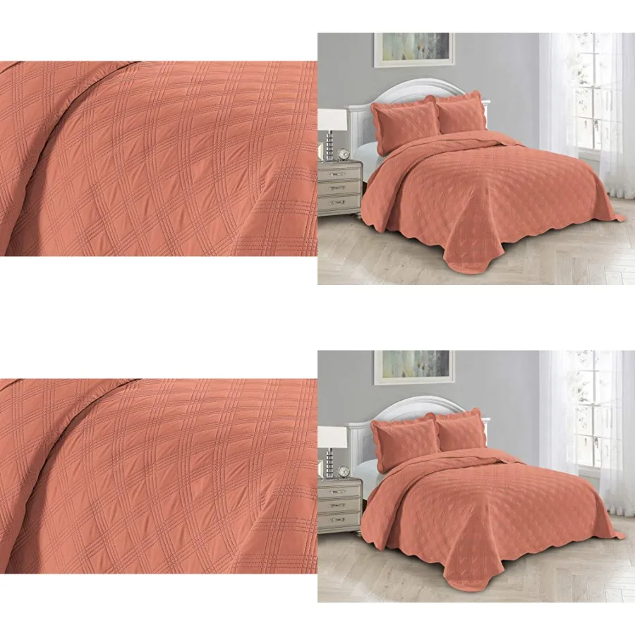 

3pc Embossed Coverlet Bedspread Set Oversized Bed Cover Solid Modern Squared Pattern New (King/California King, Coral)