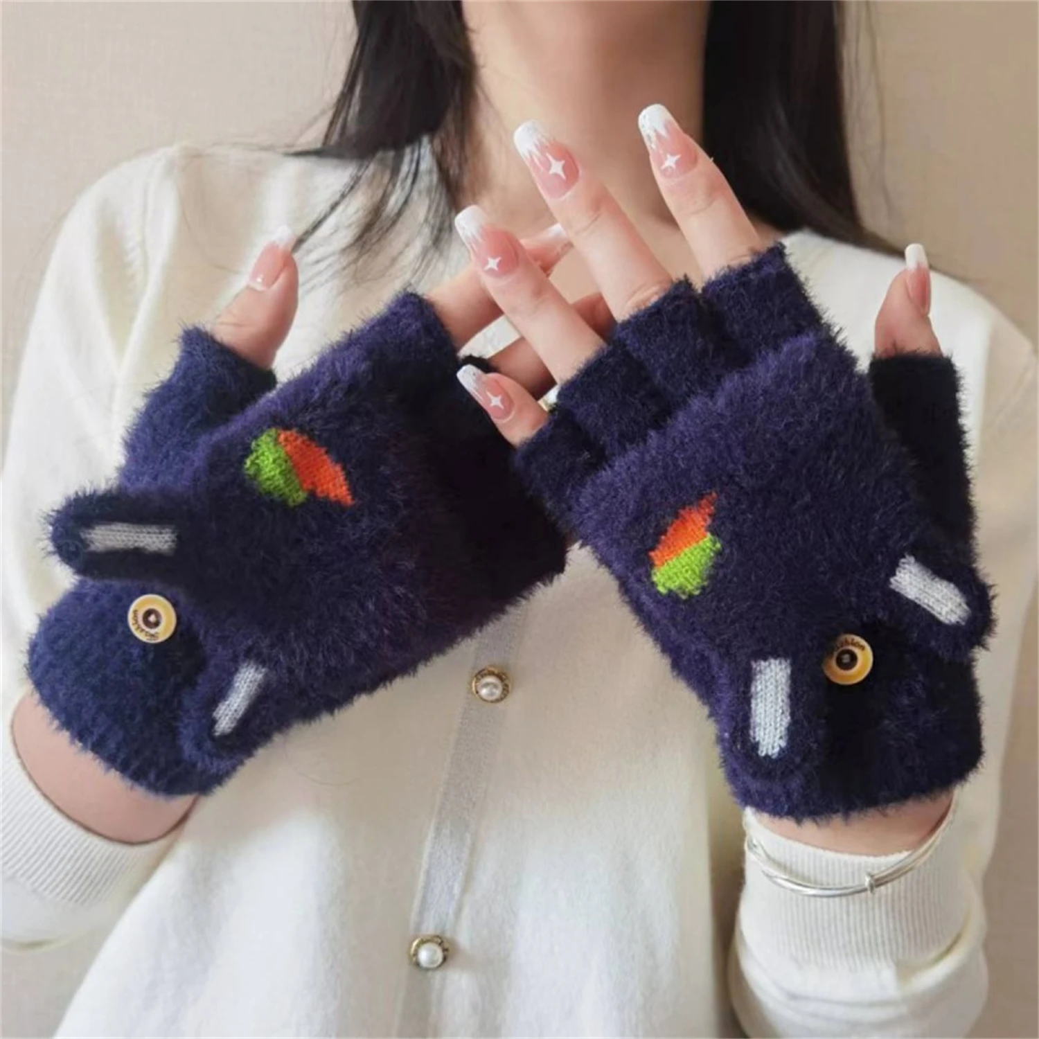 

Winter Cartoon Gloves 4-10 Children's Flip Cute Five Finger Plush Thickened Baby Half Finger Student Warm Gloves