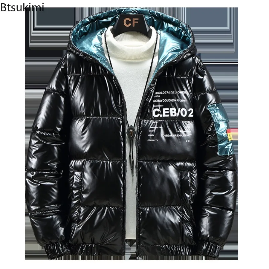 2025 Winter Men's Shiny Jacket Casual Warm Thick Coat Fashionable Hooded Parkas for Men Clothing Windproof Shiny Jackets Male