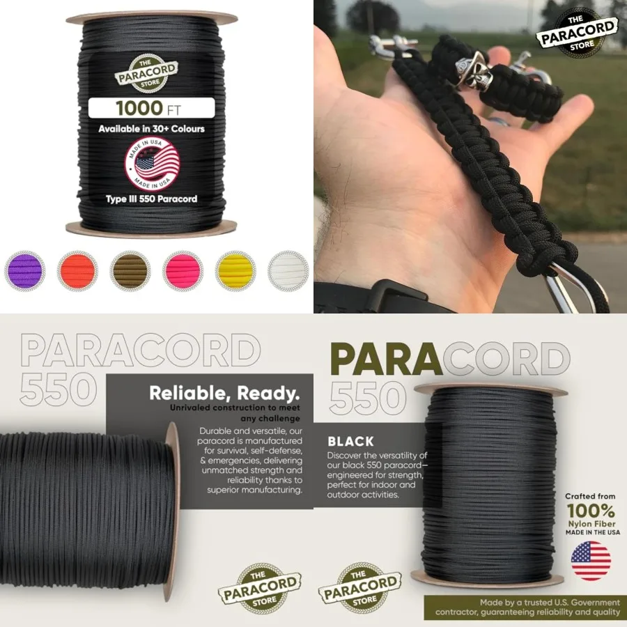 

Type III 550 Paracord - 1000 Feet Spool, Blank Heavy Duty 7 Strand Tactical Paracord - USA Made Nylon Outdoor Parachute Cord fo