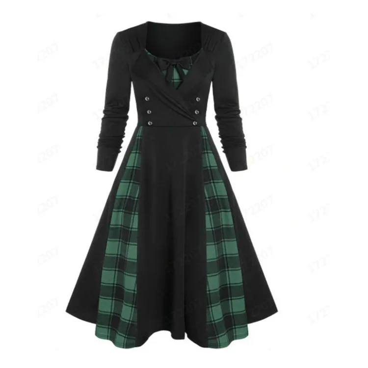 2023 Night Party Gothic Dress Women M-3xl Plaid Print Dresse Long Sleeve Lace Panel A Line Sweetheart Neck Vintage Dress robe