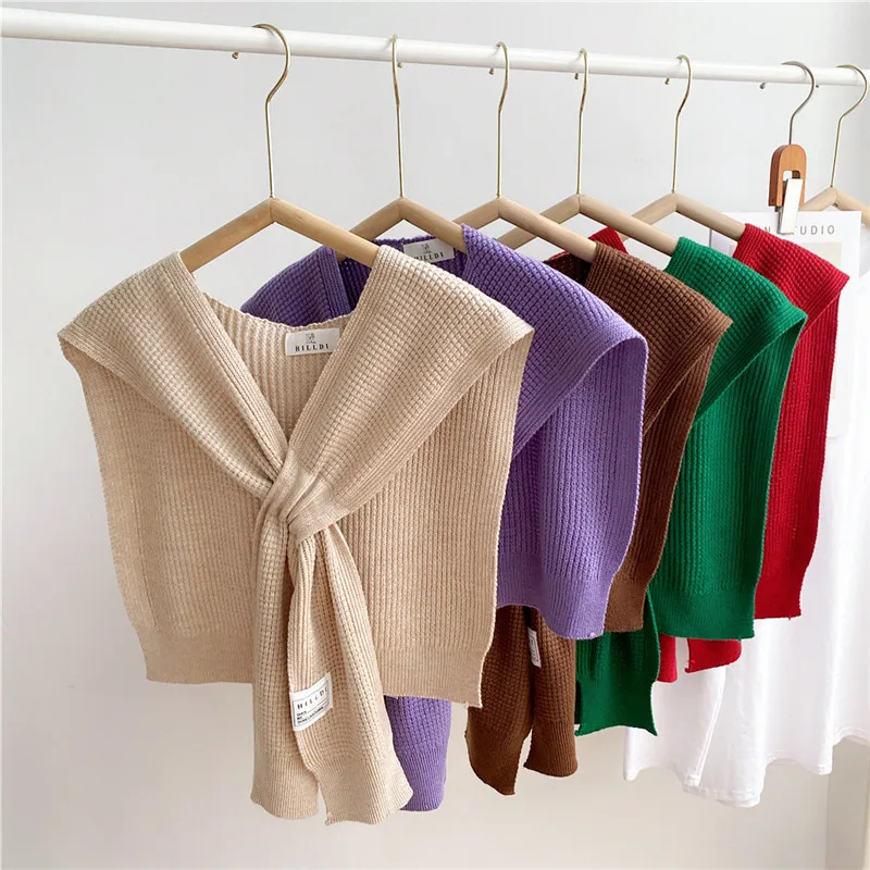 Solid Knitted Vest Cloak Shawls Scarves with Intersection Women Shirts Blouse Dress Cape Detachable Collars Shoulder Scarf Shawl