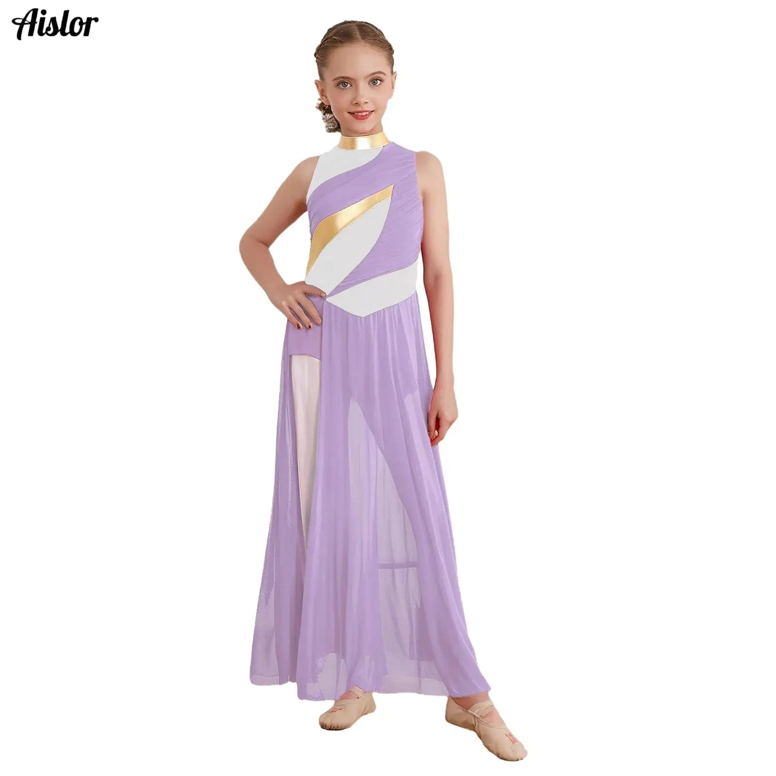 

Kids Girls Modern Lyrical Dance Dress Sleeveless Ruched Mesh Overlay Bodice Split Color Block Leotard Dress Ballroom Dancewear