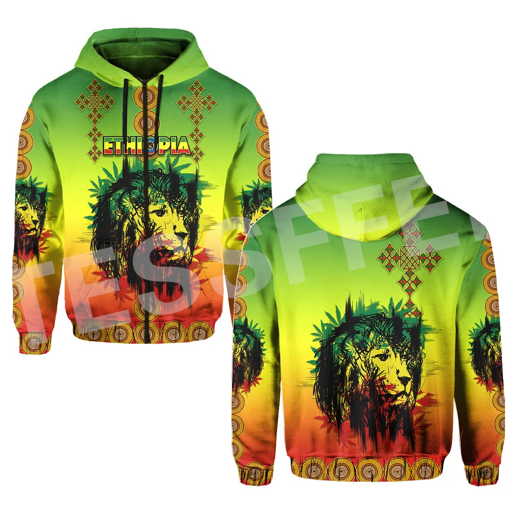 Africa Country Flag Lion Ethiopia Church Reggae Tribel Tattoo Streetwear Tracksuit 3DPrint Unisex Casual Funny Jacket Hoodies 5X