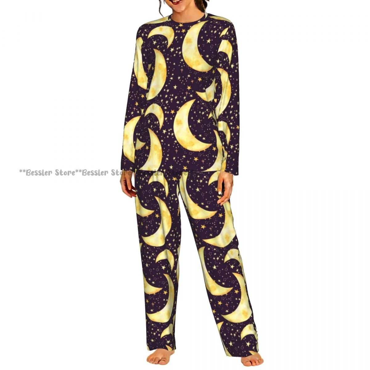Women Casual Round Neck 2PCS Sleepwear Set Long Sleeve Shirt & Long Pants Stars And Moons Background Daily Home Loungewear