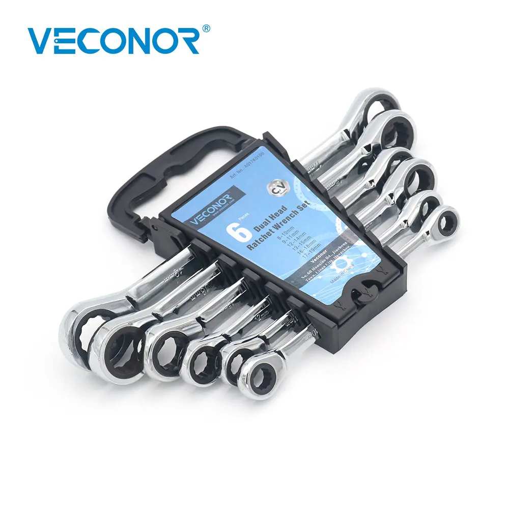 Dual Ratcheting Head Wrench Tools Set of Key Wrench 6pcs Fully Polish 72T Ratchet Spanner with Free Rack Packed