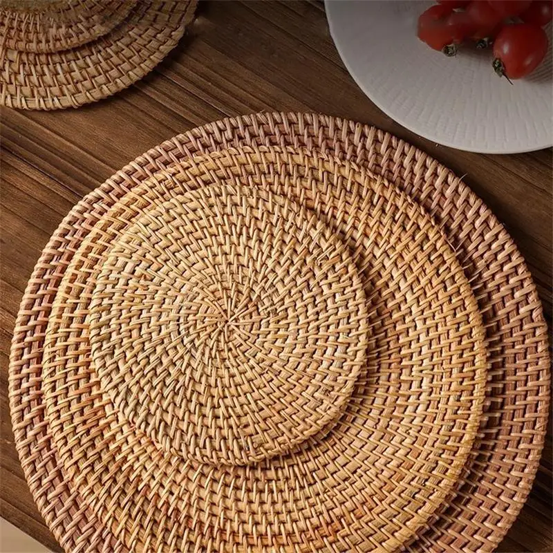 8-20cm Round Natural Rattan Cup Mat Coasters Hand Woven Hot Insulation Placemats Table Padding Kitchen Decoration Accessories