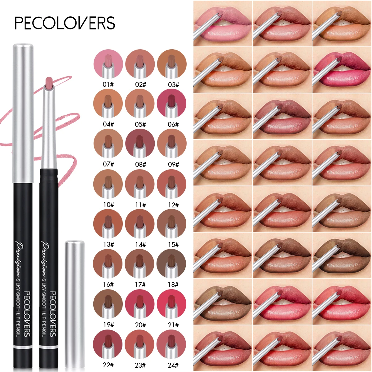 24색 매트 립 라이너, 오래 지속되는 내추럴 효과 펜슬, 모든 피부 타입용, 논스틱 컵 립 메이크업