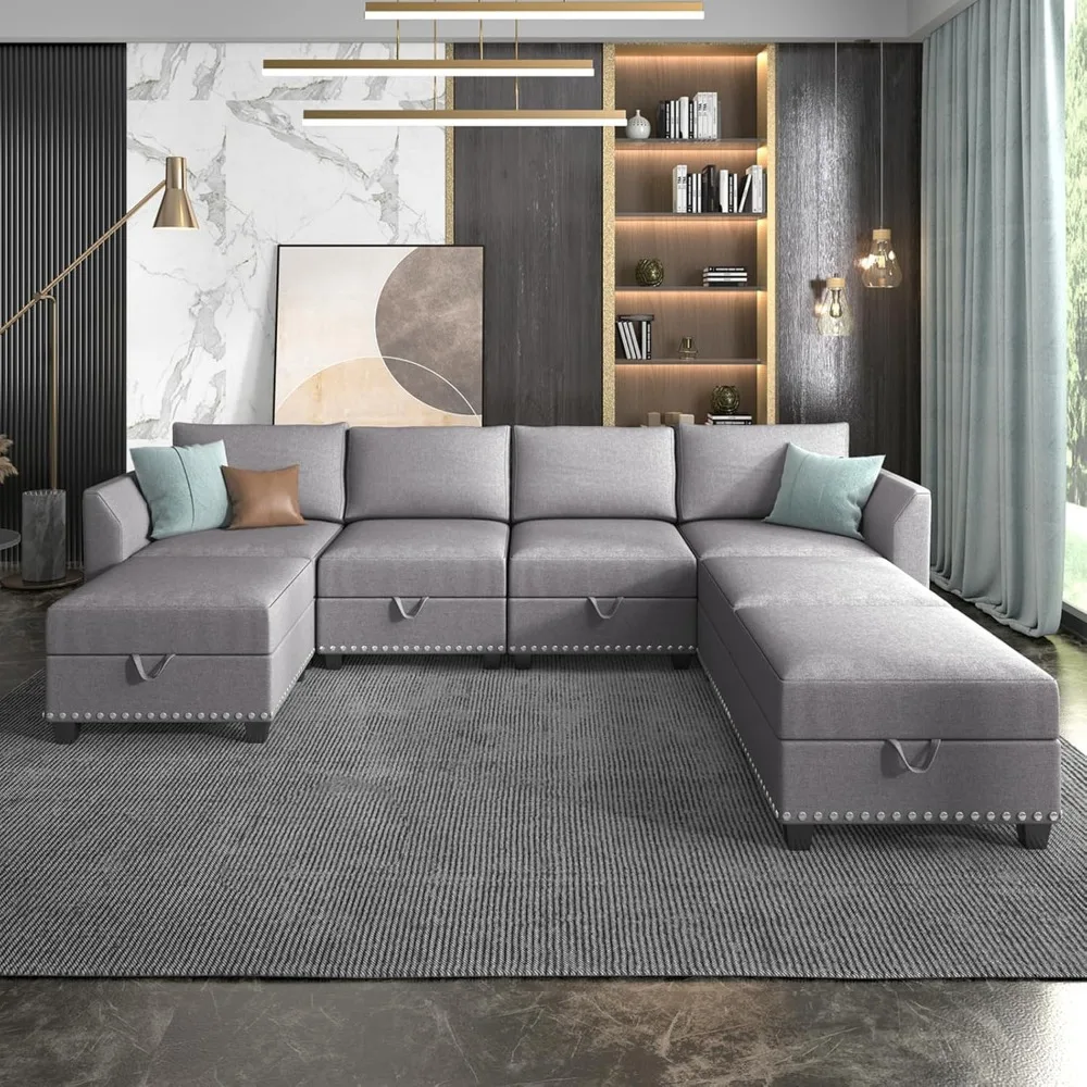 Modular Sectional Sofa,with Indidual Reversible Ottomans, with Storage,for Living Room, Office,7 Seaters Sectional Couch