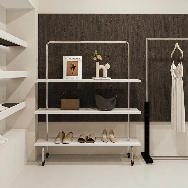 HYS clothing store multi-layer shelf display rack floor-to-ceiling movable stainless steel hanger bag shoe storage display rack