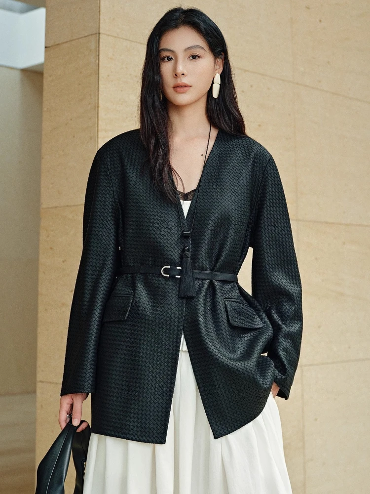 

Hand-woven Genuine Leather Jackets for Women Autumn Winter 2026 New High-end Simple Loose Solid Soft Real Goatskin Leather Coat