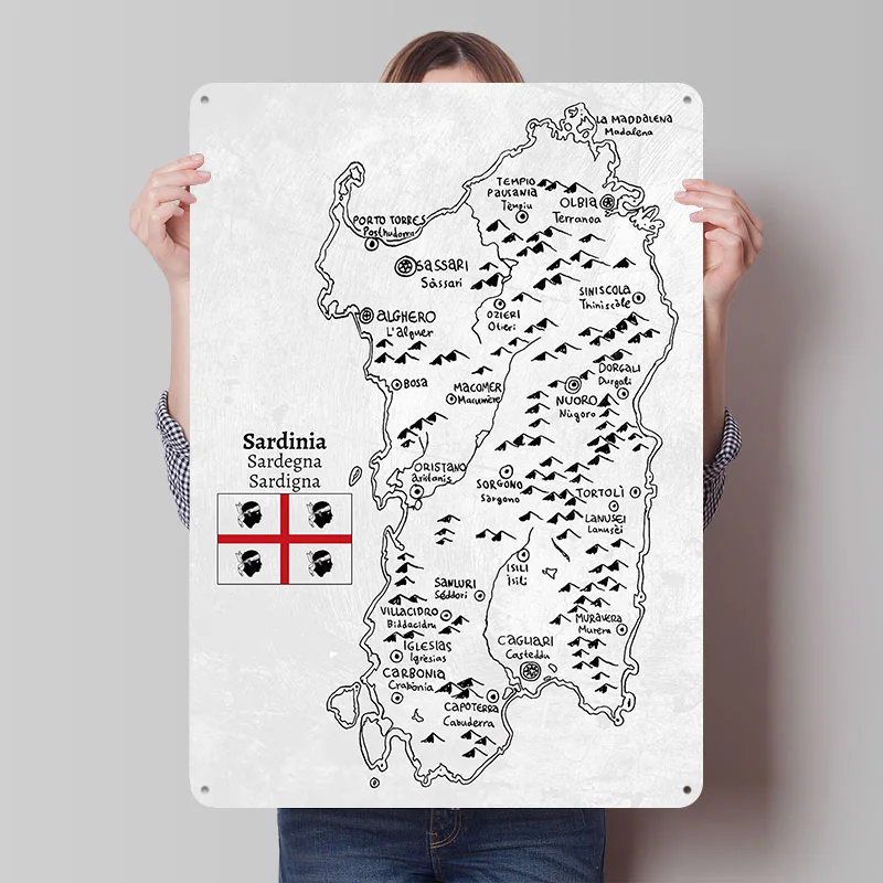 Handgezeichnete Karte von Sardinien Blechposter Individuelle Wandkunst Vintage Metallschilder Retro Blechschild für Heimdekoration Ornamente