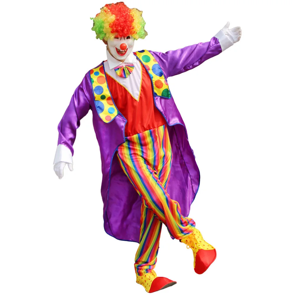 Funny Purple Clown tuxedo Cosplay Jumpsuit Circus Clown Cosplay Suits with Shoes Nose Wig for Adult