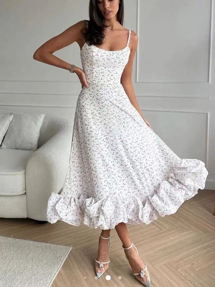 

Women Spaghetti Strap V Neck Print Long Dress Around Hem Summer Wedding Guest Dress Elegant Dress Luxury Wholesale Dropshipping