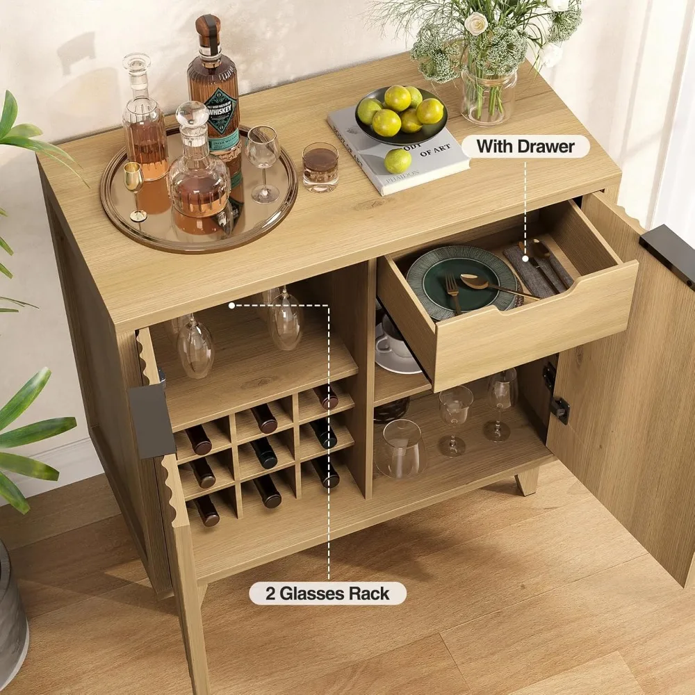 Modern Fluted Coffee Bar Cabinet with Removable Wine Rack and Adjustable Shelf, Solid Wood Legs, Multi-Functional Sideboard