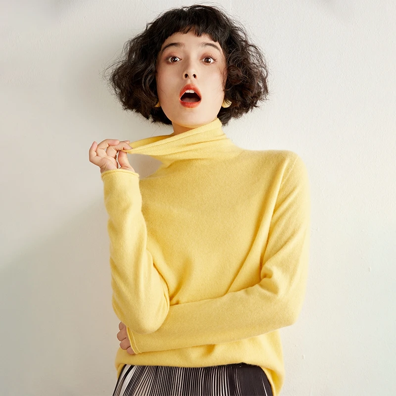 

Autumn and Winter Women's Hoodie 100% Pure Cashmere High Collar Base Knitted Sweater Stacked Collar Soft Solid Color Casual Top