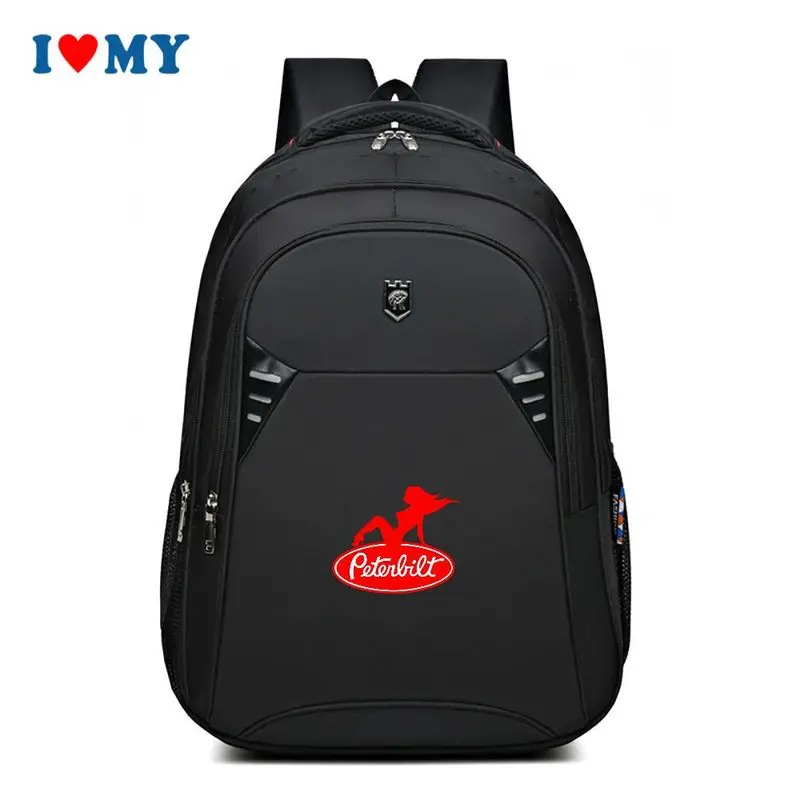 

Unisex Black Double Shoulder Sports Backpack with Peterbilt Print, Spacious Multi-Compartment Daypack for Travel School Gym