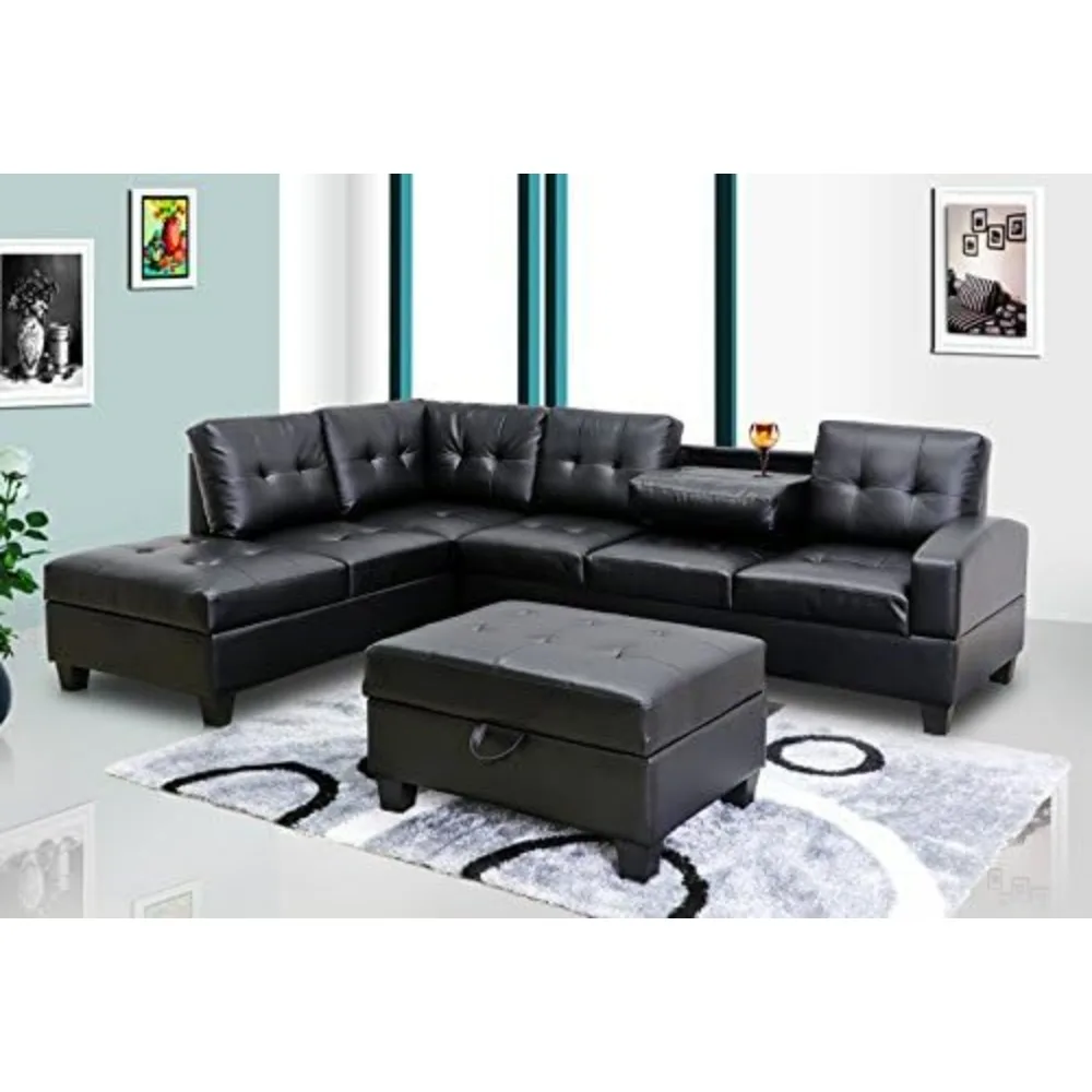 

Sofa Pu Leather Living Room Sectional Sofa Set in Black/White 18"D x 37"W x 25"H WITH OTTOMAN Living Room Sets couch