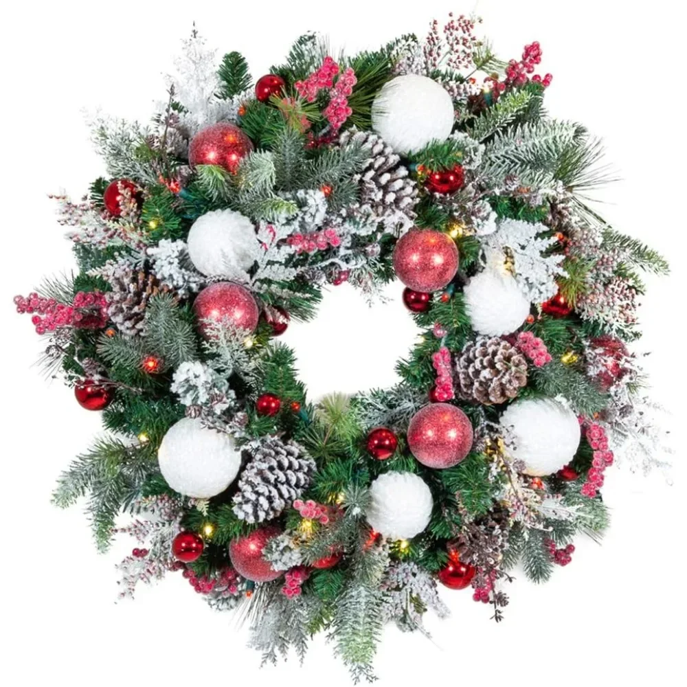 

30 Inch Artificial Christmas Wreath - Pre Lit with 50 Candy Cane Colored LED Mini Lights for Red and White Holiday Decoration
