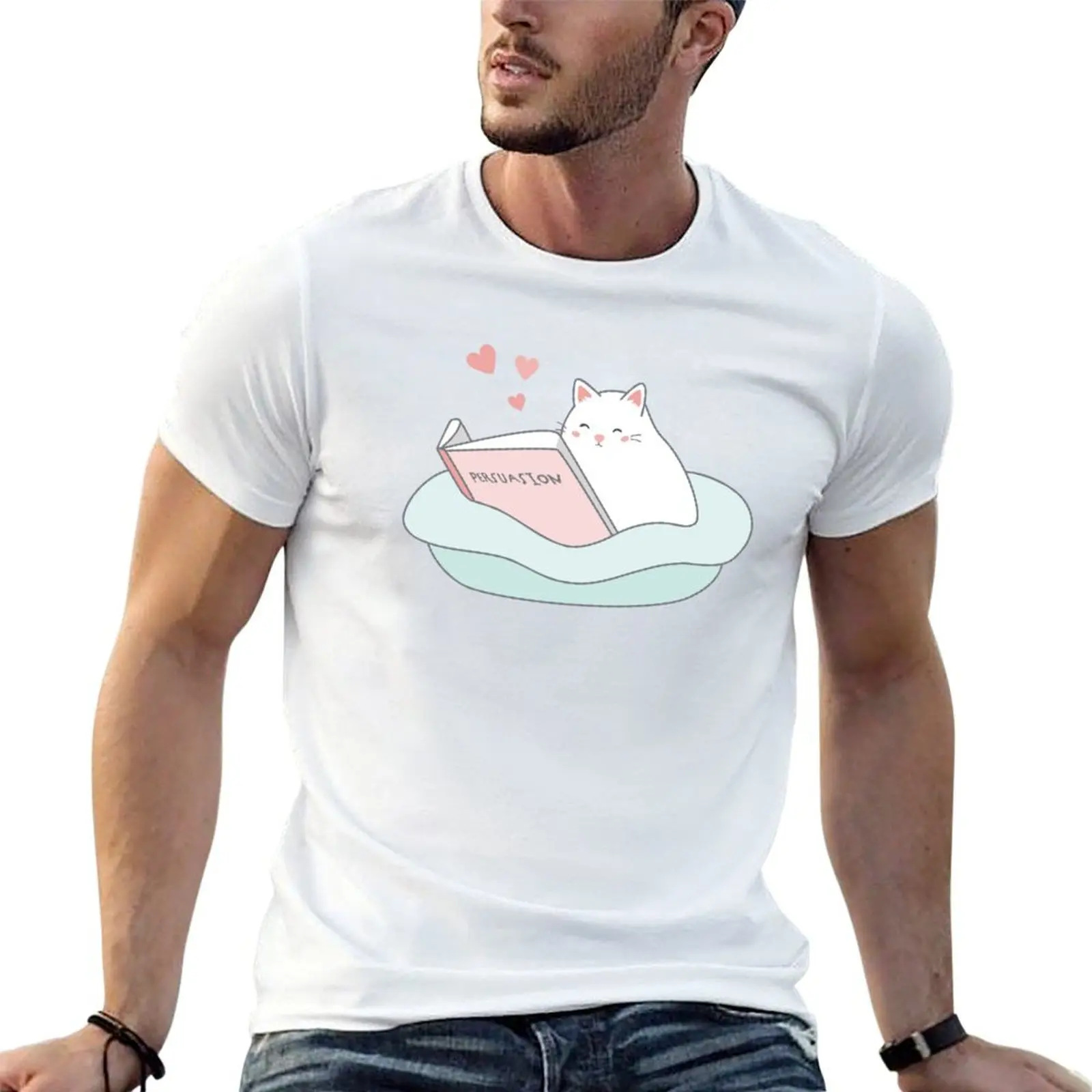 Jane Austen Cat - Persuasion, T-shirt rose pâle en coton pour homme, t-shirts 100% coton, t-shirt essentiel de créateur