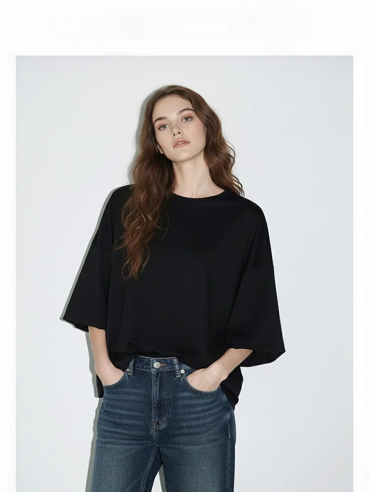 

Loose Fit Airy Black mid Sleeve T-Shirt Women's round Neck Flower Bud Sleeve Short Sleeve Top Cotton American Style Winter Se...