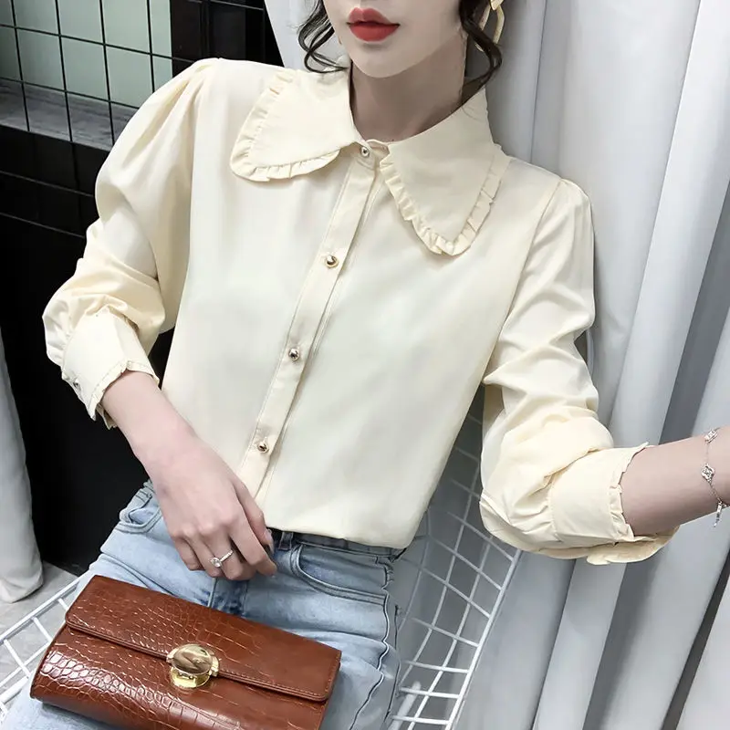 Office Lady Solid Color All-match Blouse Spring Autumn New Long Sleeve Polo Neck Youth Shirt Tops Fashion Elegant Women Clothing