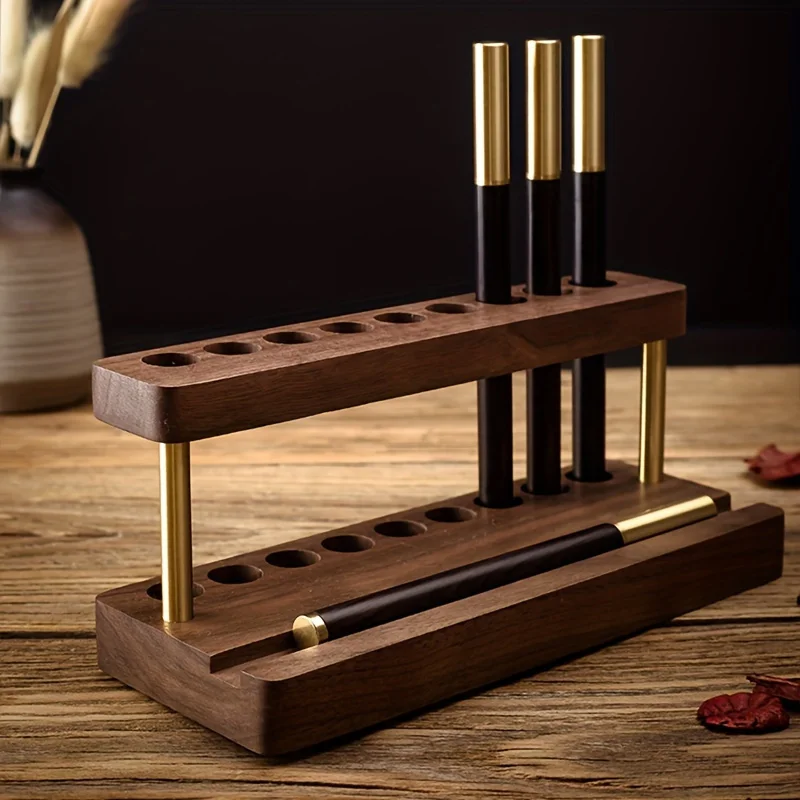 Imagem -02 - Multifuncional Walnut Wood Desk Organizer Pen Holder Phone Stand Solução de Armazenamento para Escritório e Escola 1pc