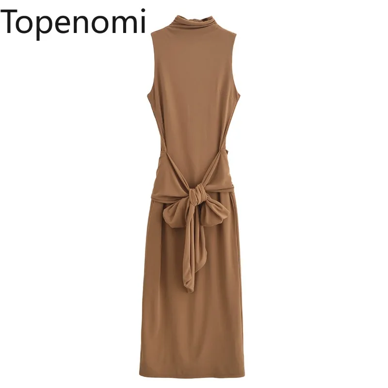 Topenomi Dresses Women 2024 Autumn Bow Lace Up Waist Sleeveless Solid Long Dress Temperament Slim Stand Collar Party Vestidos