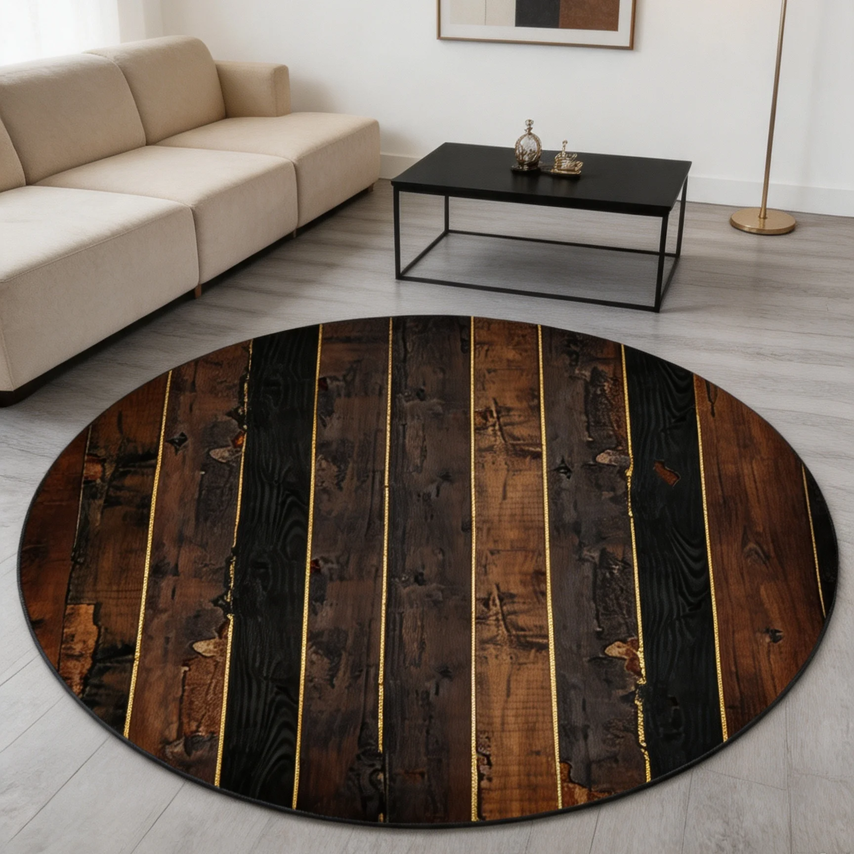 Timber Round Rug Black Gold Felt NonSlip Carpet For Living Room Bedroom Bedside Luxury Wood Grain Vertical Line Mat