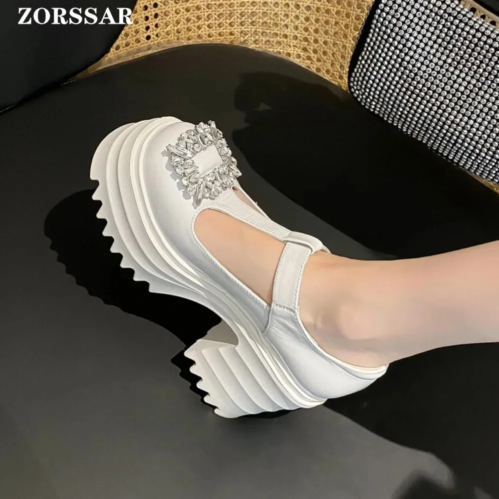 

Rhinestone White High Heels Platform Pumps Women's Thick Heels Mary Janes Woman Patent Leather High Heels Shoes Party Shoes