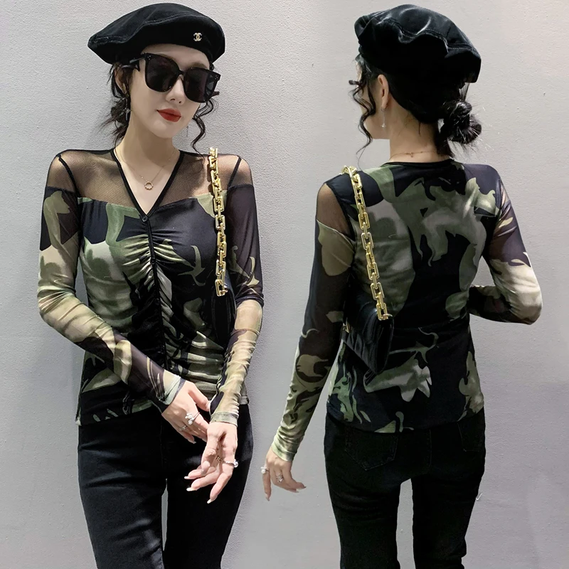 MadBlack New European Clothes Tshirts Women Sexy V Necks Print Ruched Slim Mesh Tops Long Sleeve Tee Spring Fall 2024 T43479JM