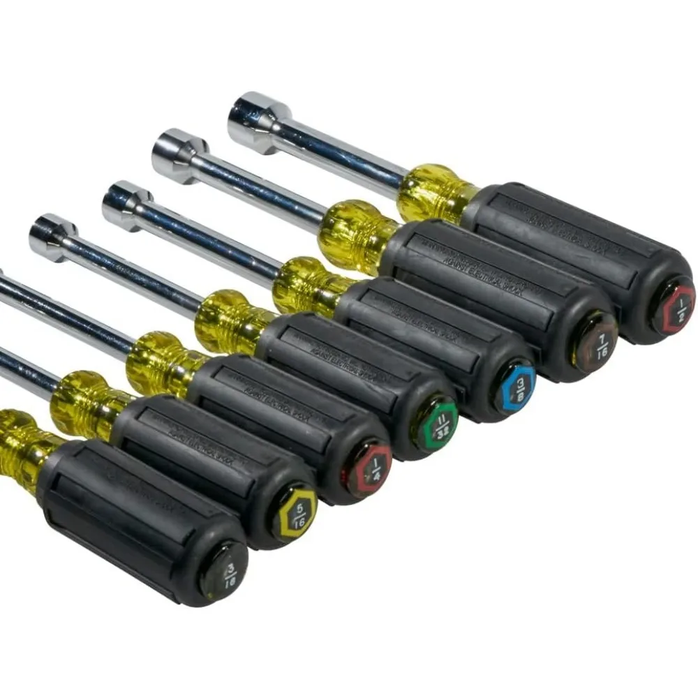 مجموعة مفكات صامولة مصنوعة أمريكية بمقاسات صامولة سداسية 3/16، 1/4، 5/16، 11/32، 3/8، 7/16، و1/2 بوصة على عمود 3 بوصة #6